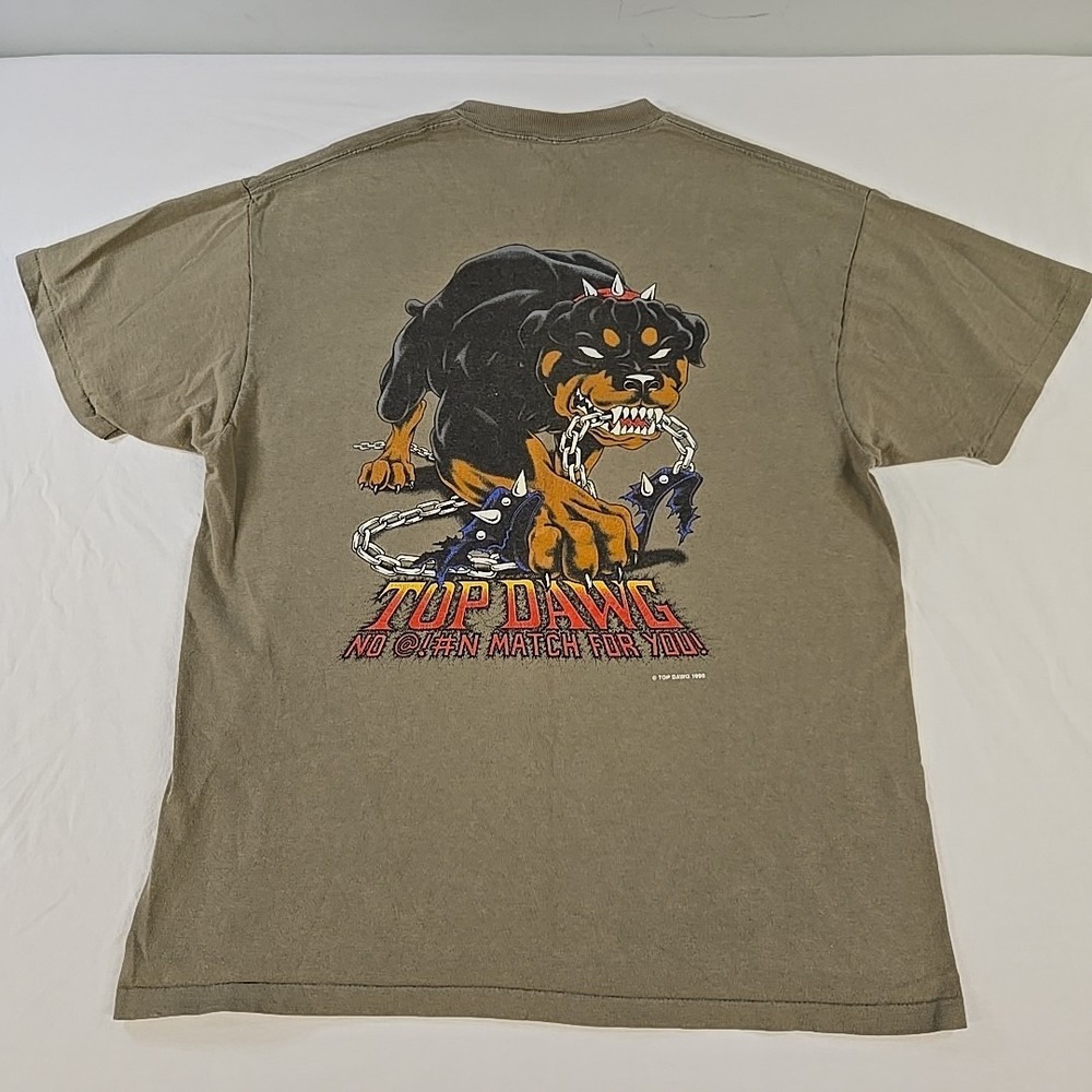 Vintage 1995 Top Dawg Rottweiler T-Shirt Size Large Olive Green Single Stitch